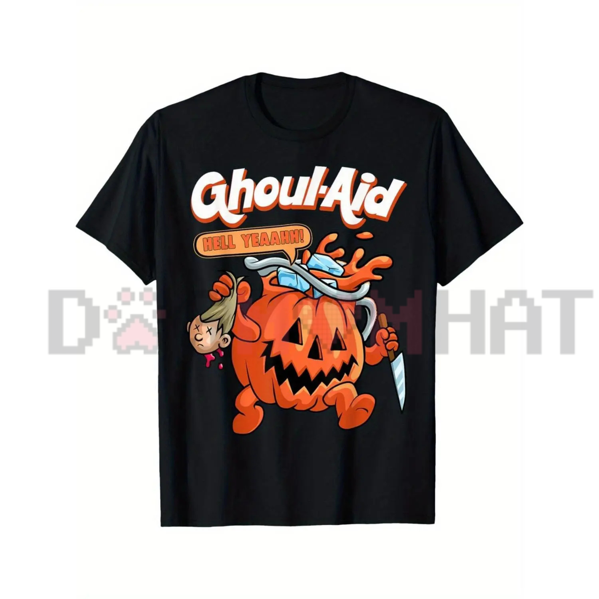 Halloween Ghoul Aid Pumpkin Graphic T-Shirt - Black Streetwear Crew Neck