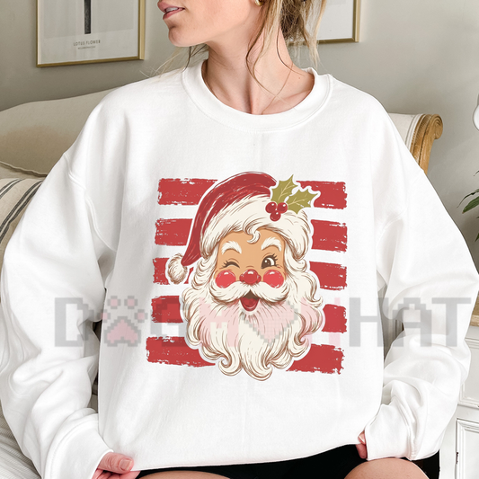 Vintage Festive Santa Stripe Pullover - Cozy Red Striped Christmas Graphic Sweatshirt