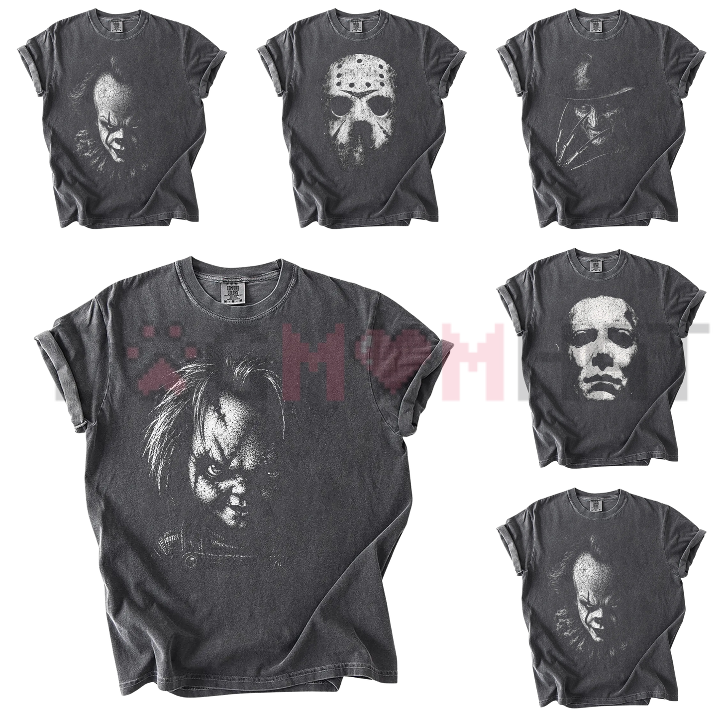 Slasher Squad Horror Icons Graphic Tee - Retro Scary Movie Night Comfort Colors Matching Halloween Group Shirt