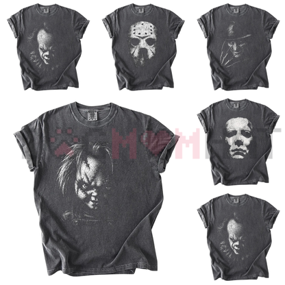 Slasher Squad Horror Icons Graphic Tee - Retro Scary Movie Night Comfort Colors Matching Halloween Group Shirt