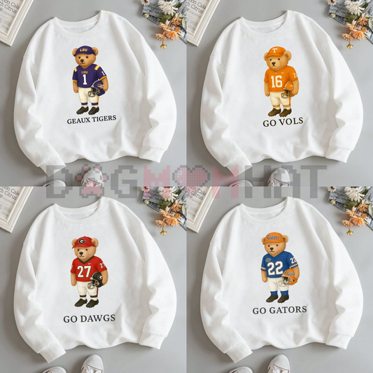 All Team College Football Teddy Bear Graphic Sweatshirt Pullover – White Vintage Sport Varsity Crewneck