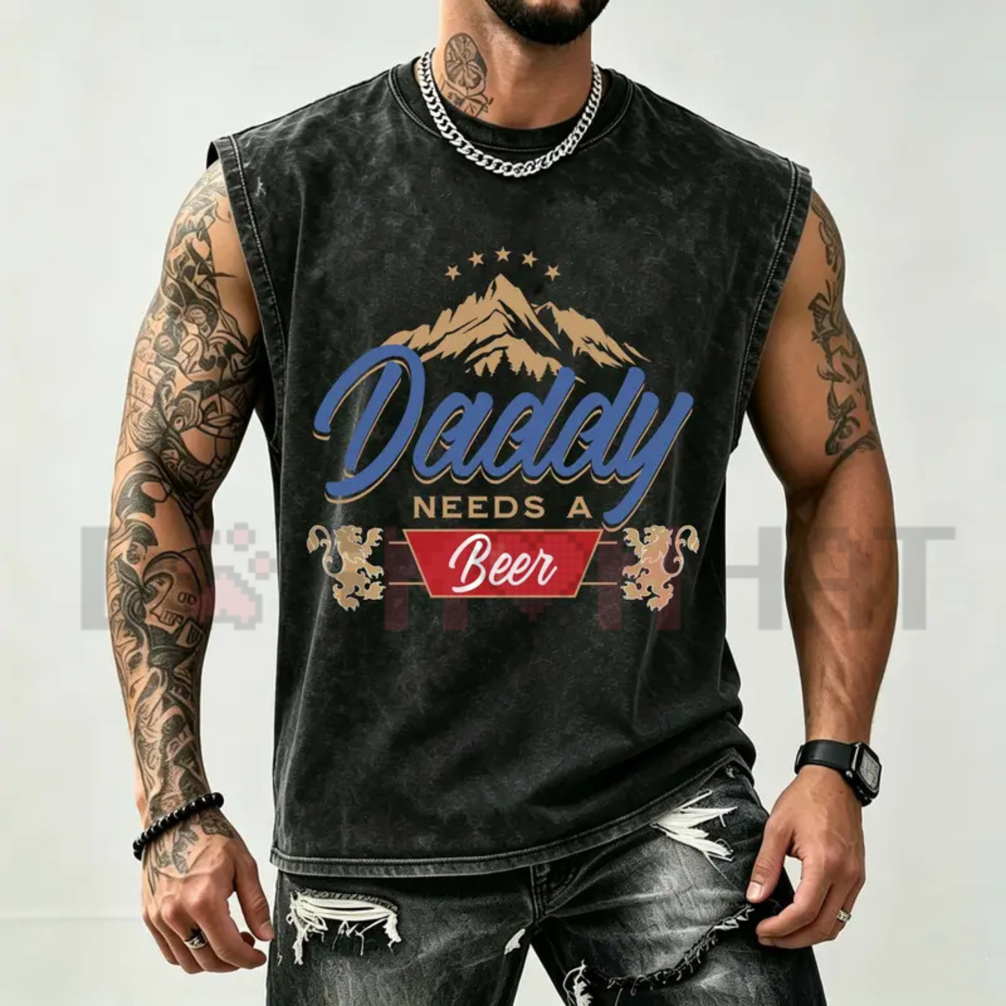 Vintage Washed Charcoal Mountain Lion Vest - Funny "Daddy Needs A Beer" Men's Tank Top
