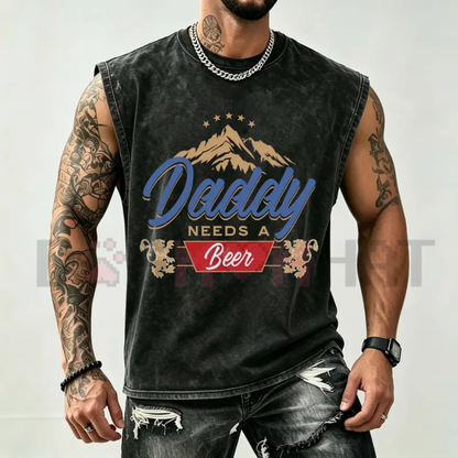Vintage Washed Charcoal Mountain Lion Vest - Funny "Daddy Needs A Beer" Men's Tank Top