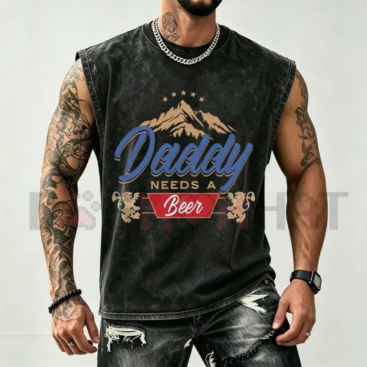 Vintage Washed Charcoal Mountain Lion Vest - Funny "Daddy Needs A Beer" Men's Tank Top