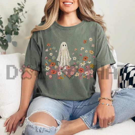 Botanical Boo Aesthetic Comfort Colors Tee - Preppy Wildflower Ghost Floral Halloween Graphic Cotton Shirt