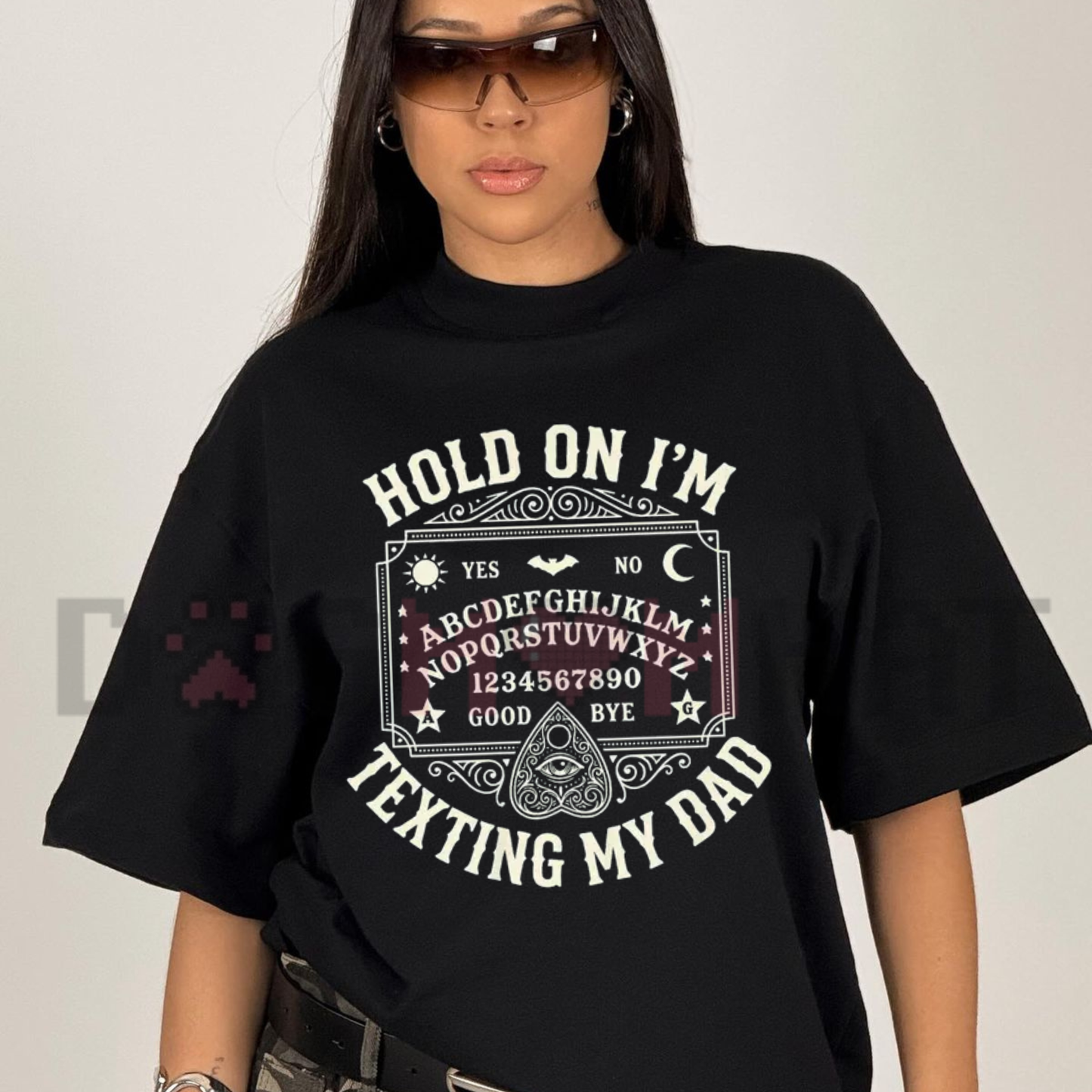 Texting My Dad Ouija Board Graphic Tee - Funny Retro Dark Humor Father's Day Cotton Unisex T-Shirt