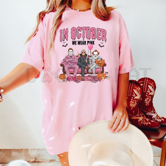Women's Halloween Graphic T-Shirt – "In October We Wear Pink" Lettering with Ghosts Pumpkins Candy Design