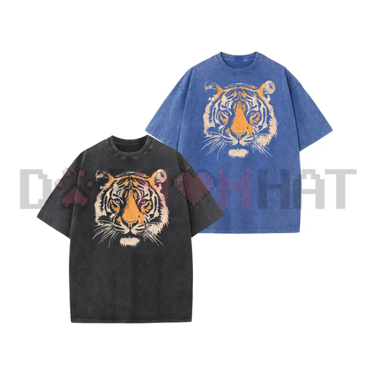 Holafish Unisex Vintage Tiger Graphic Short Sleeve T-Shirt - Acid Washed Heavyweight Cotton Oversized Streetwear Top