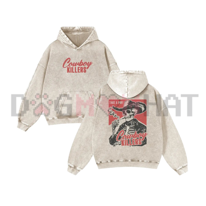 Retro Cowboy Skeleton Mineral Wash Hoodie - Smoking Skeleton Western Punk Oatmeal Soft Cotton Unisex Spring Pullover
