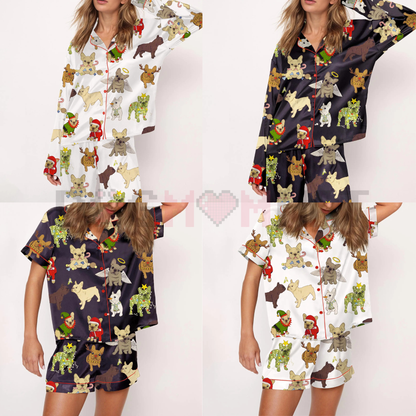 Christmas French Bulldog Satin Pajama Set For Women – Comfy Satin Sleepwear & Loungewear Pjs