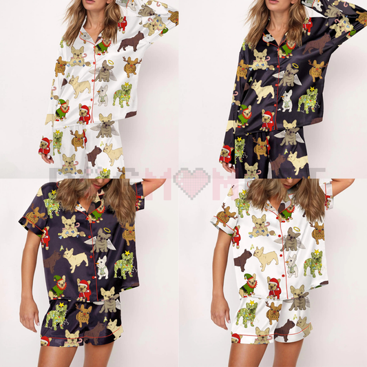 Christmas French Bulldog Satin Pajama Set For Women – Comfy Satin Sleepwear & Loungewear Pjs