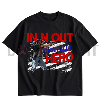 Twin Falls Landmark Hero Graphic Tee - In-N-Out Burger Culture Pure Cotton Fans Memorial T-Shirt