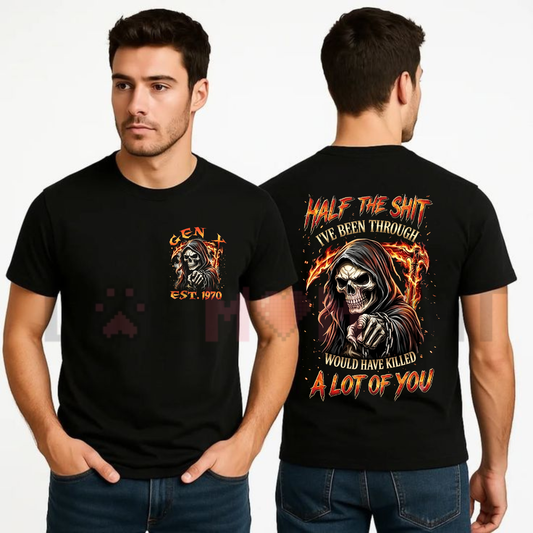 Chaosmoda Gen X "Half The Shit" Custom Year Skull Tee