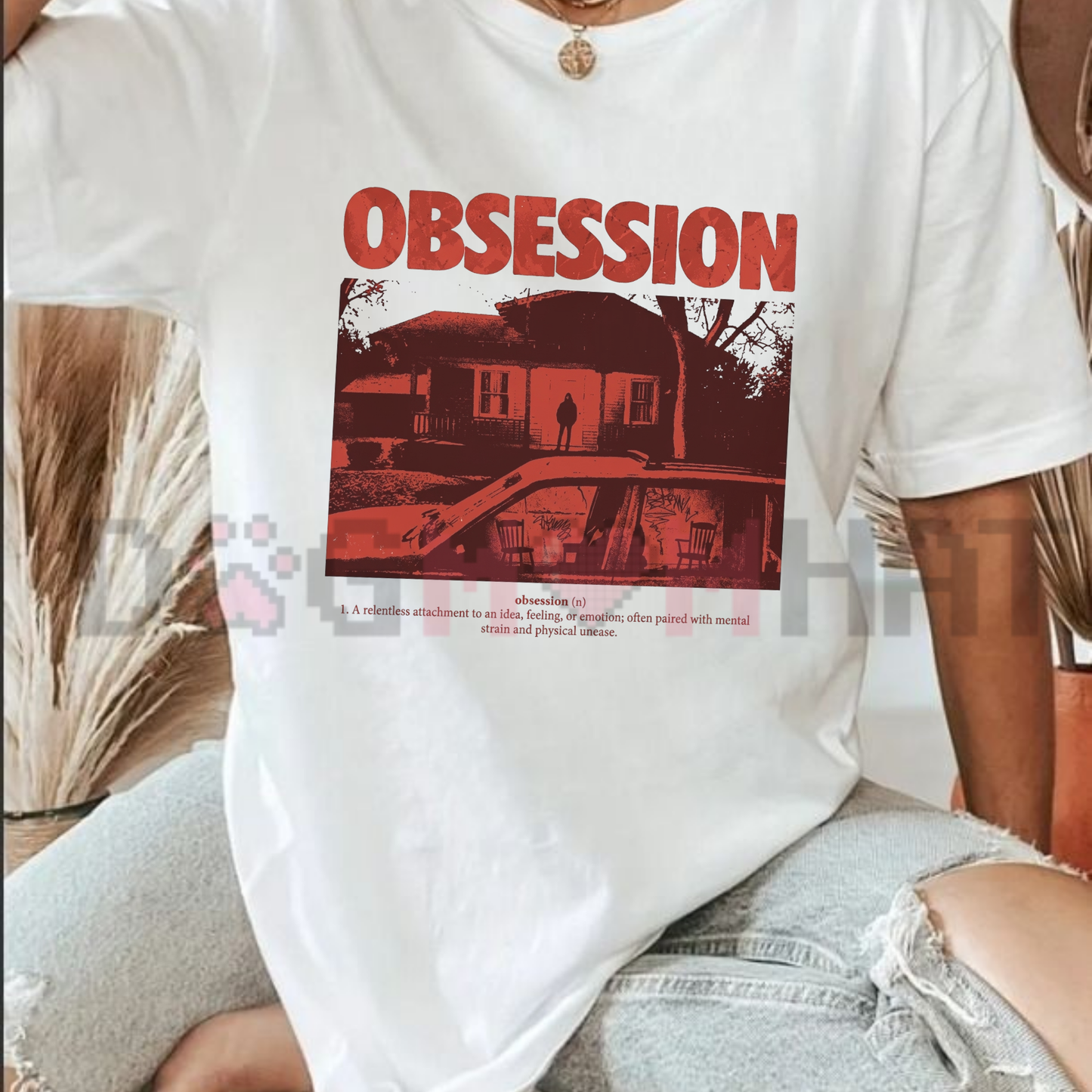 Obsession Retro Horror Oversized Cotton T-Shirt - Vintage Distressed House Graphic Tee