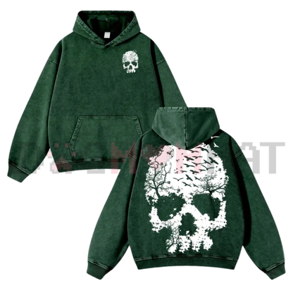 Vintage Washed Skull Print Oversized Fleece Hoodie