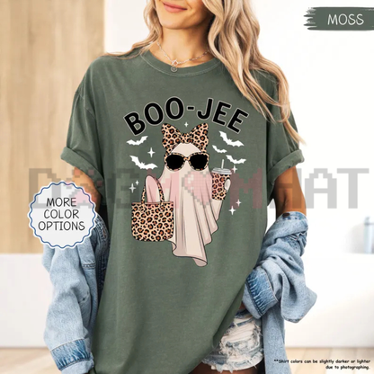 Boo-Jee Latte Ghost Graphic Tee - Leopard Print Coffee Comfort Colors Cotton Halloween T-Shirt