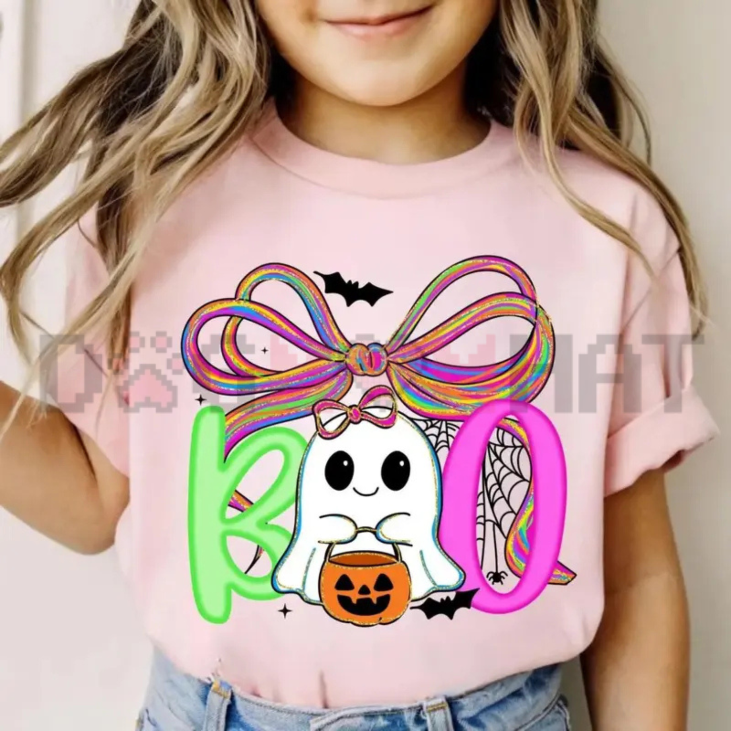 Cute Boo Ghost Floral Halloween Graphic Tee - Retro Spooky Season Soft Cotton Unisex Kids T-Shirt For Toddler & Little Girls