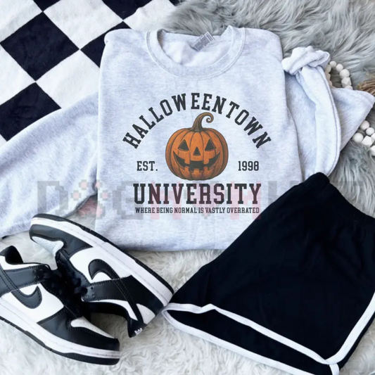 Varsity Halloween Town Campus Pullover - Cozy Ash Grey Pumpkin Crewneck Sweatshirt