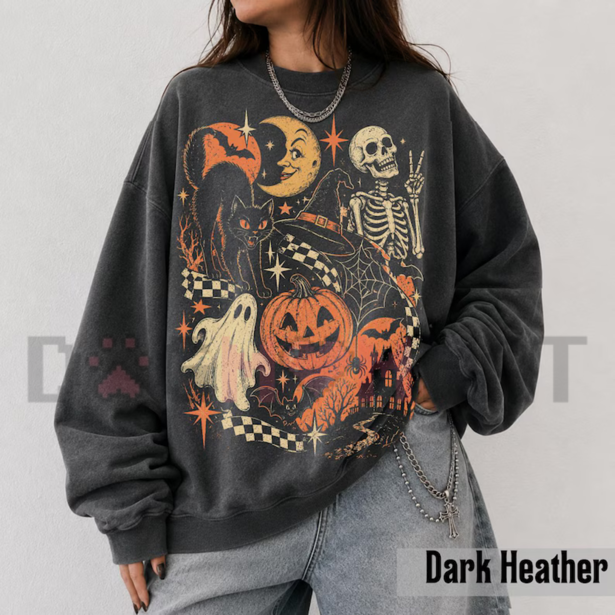 "Retro Vintage Black Cat Ghost Skeleton" Spooky Cute Halloween Sweatshirt