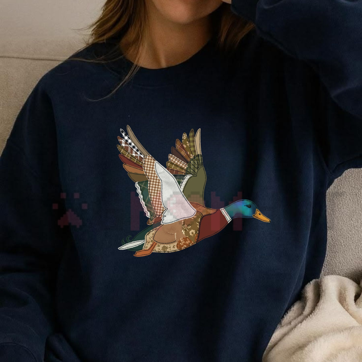 Festive Friction – Retro Patchwork Duck Illustrated Knitted-Like Casual Long-Sleeved Top
