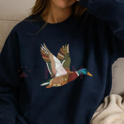 Festive Friction – Retro Patchwork Duck Illustrated Knitted-Like Casual Long-Sleeved Top