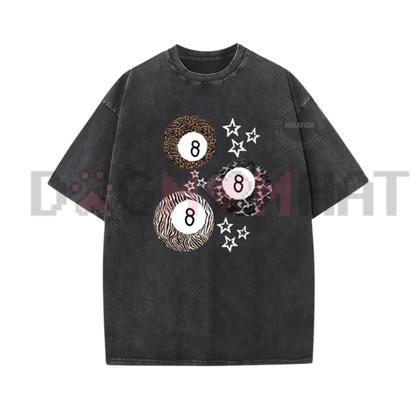 Holafish Acid Wash "8 Ball & Leopard Stars" T-Shirt - Soft Cotton Summer Graphic Tee