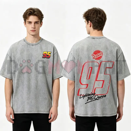 Retro Motorsport 95 Racing Graphic Tee - Vintage Washed Heavyweight Cotton Unisex Oversized Y2K Car Culture T-Shirt