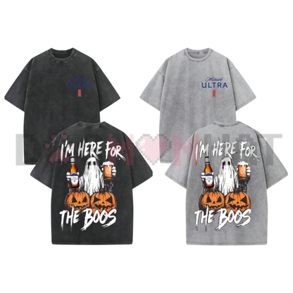Retro Ghost Im Here For The Boos Double Sided Graphic Tee - Vintage Washed Heavyweight Cotton Unisex Halloween Streetwear T-Shirt