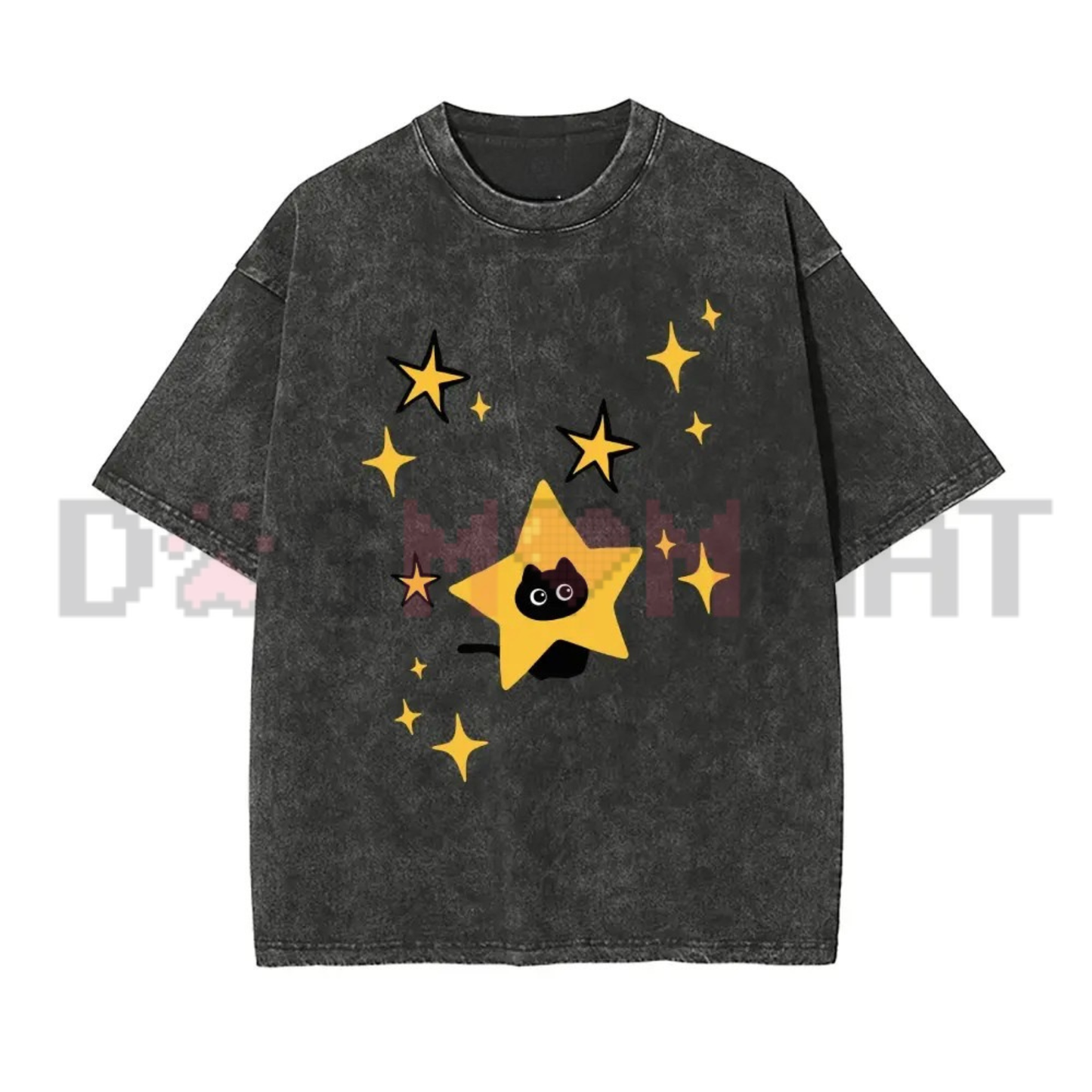Minimalist Cartoon Kitten and Star Graphic Washed Tee - Y2K Retro Soft Cotton Unisex Oversized T-Shirt