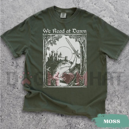 "We Read At Dawn" Bookish Frog & Medieval Graphic T-Shirt