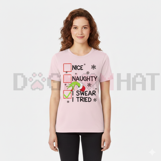 Groovy Naughty "I Swear I Tried" Christmas Holiday Unisex Tee