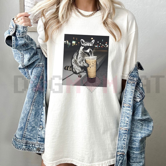 Funny Raccoon Drinking Iced Coffee Tee