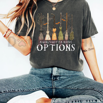 'A Girl Gotta Have Options' Witches Halloween Shirt – Retro Halloween T-Shirt, Funny Empowered Witch Tee