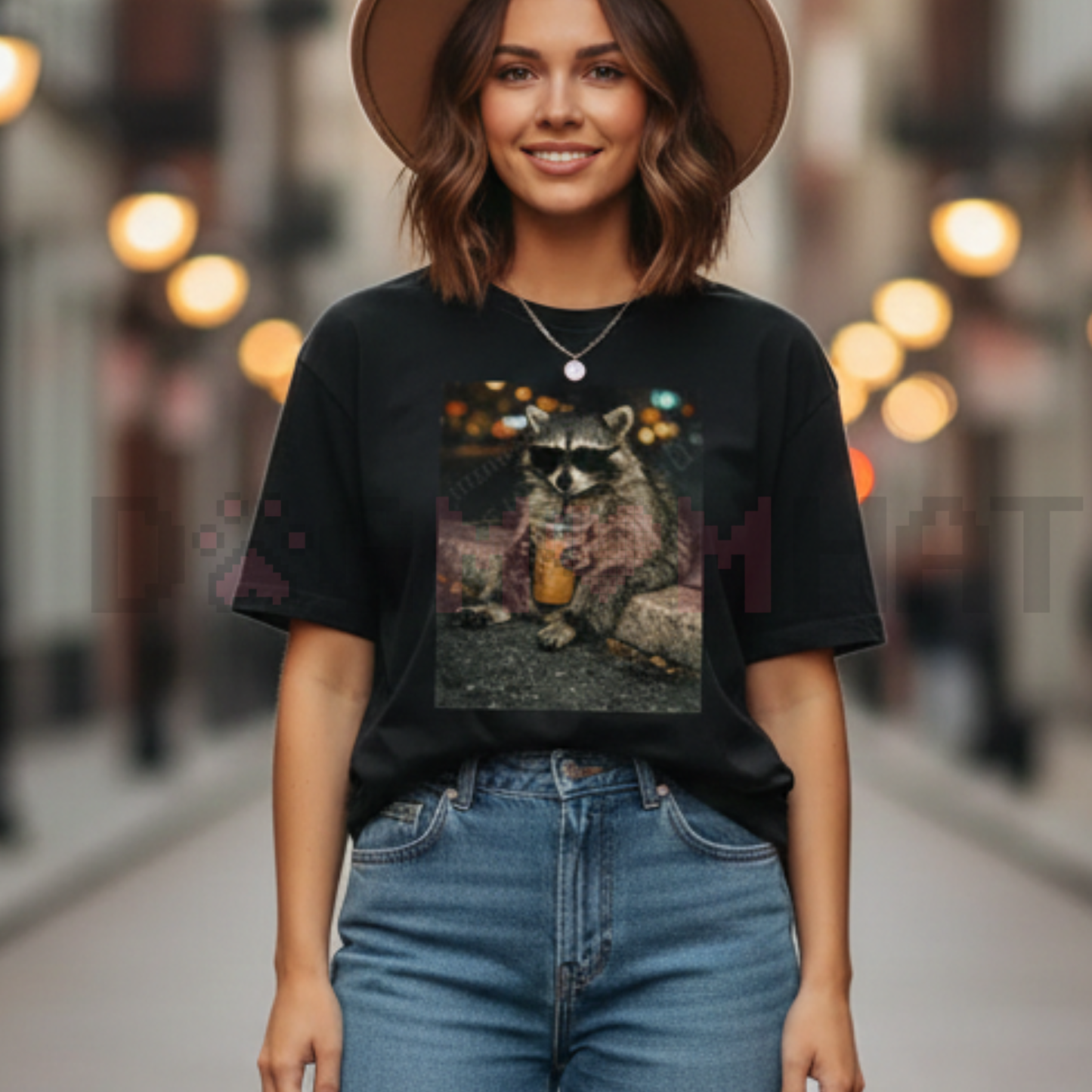 Raccoon Drinking Iced Coffee Vintage Tee