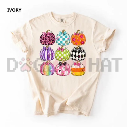 Preppy Colorful Coquette Pumpkin Graphic Tee - Cute Spooky Season Retro Fall Vintage Cotton Unisex T-Shirt
