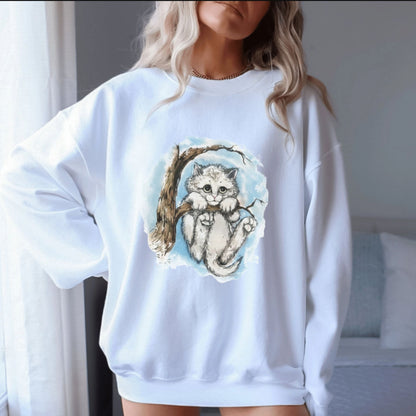 Cute Sad Cat in Winter Tree Crewneck, Whimsical Retro Feline Pullover