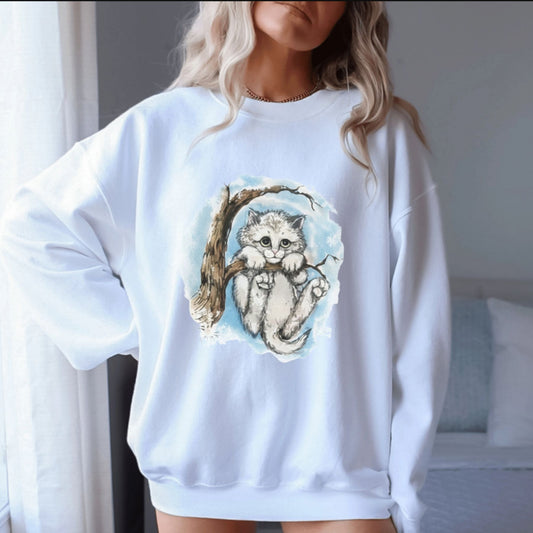 Cute Sad Cat in Winter Tree Crewneck, Whimsical Retro Feline Pullover