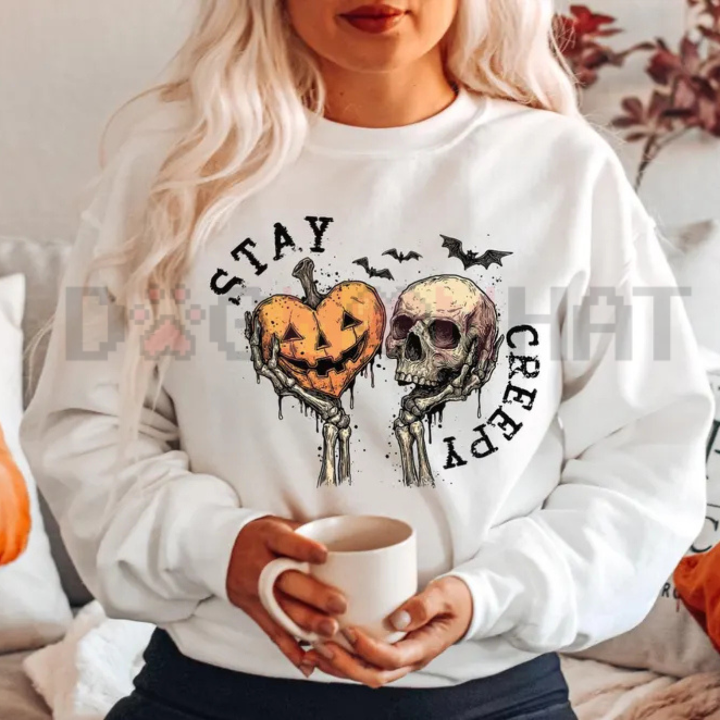 Women's Halloween Sweatshirt - Retro Dripping Heart & Skeleton Hand Grunge Pullover