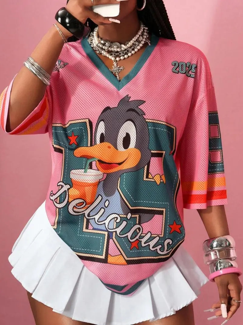 Y2K Retro Mesh Doll V-Neck Sporty Tee