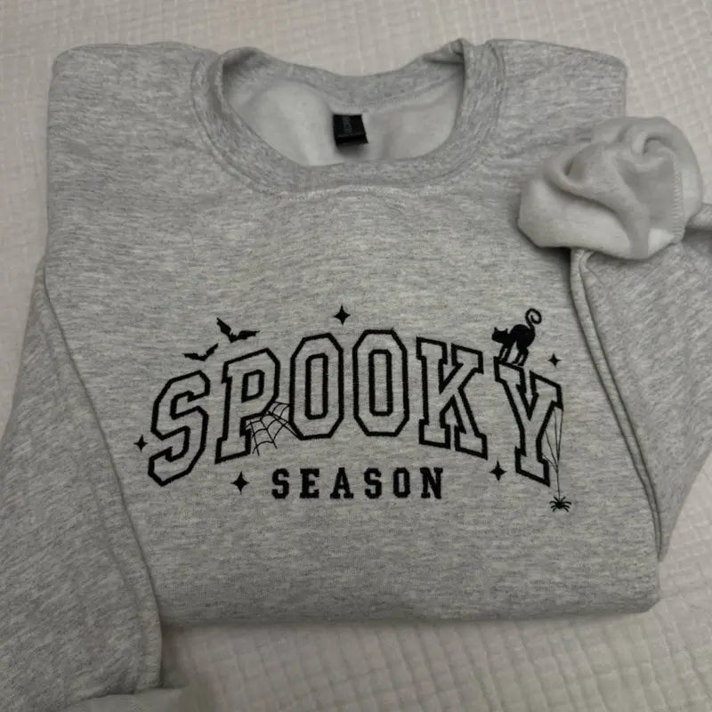 Spooky Season Cat Embroidered Sweatshirt - Halloween Bats & Spiderweb Apparel