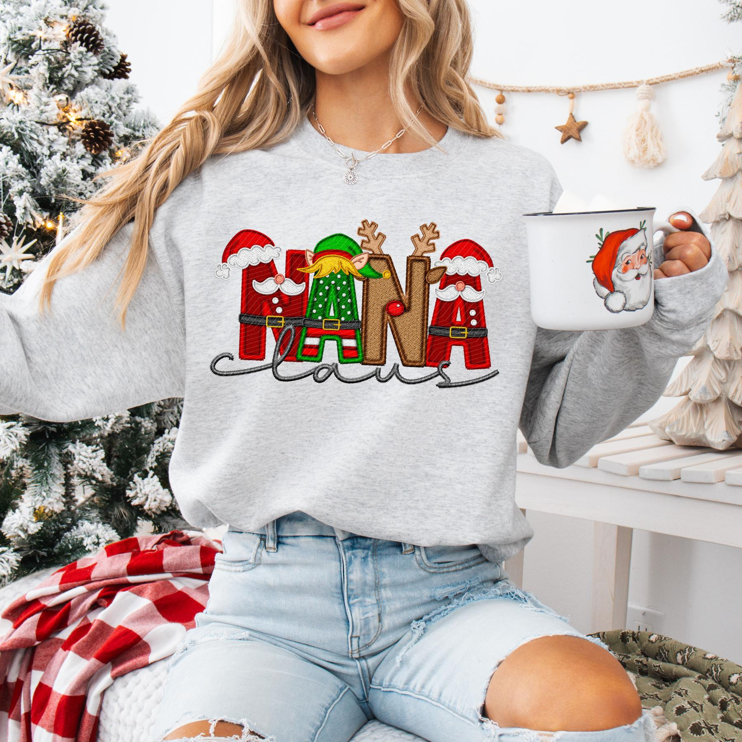 Unisex Faux Embroidery "Claus" Christmas Sweatshirt – Festive Holiday Pullover
