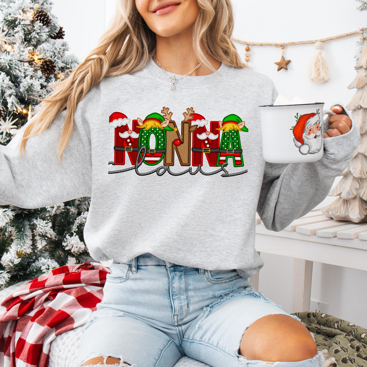 Unisex Faux Embroidery "Claus" Christmas Sweatshirt – Festive Holiday Pullover