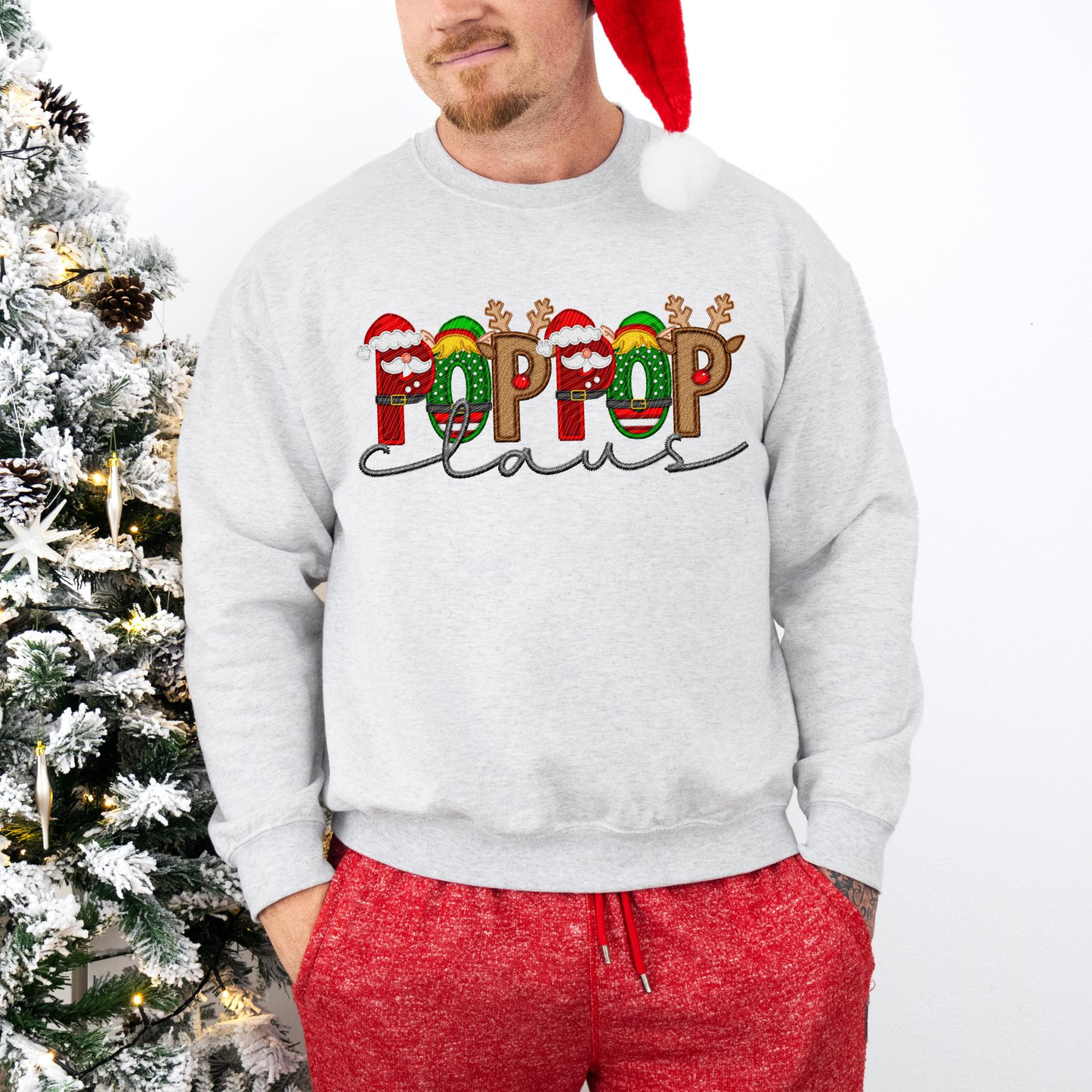 Unisex Faux Embroidery "Claus" Christmas Sweatshirt – Festive Holiday Pullover