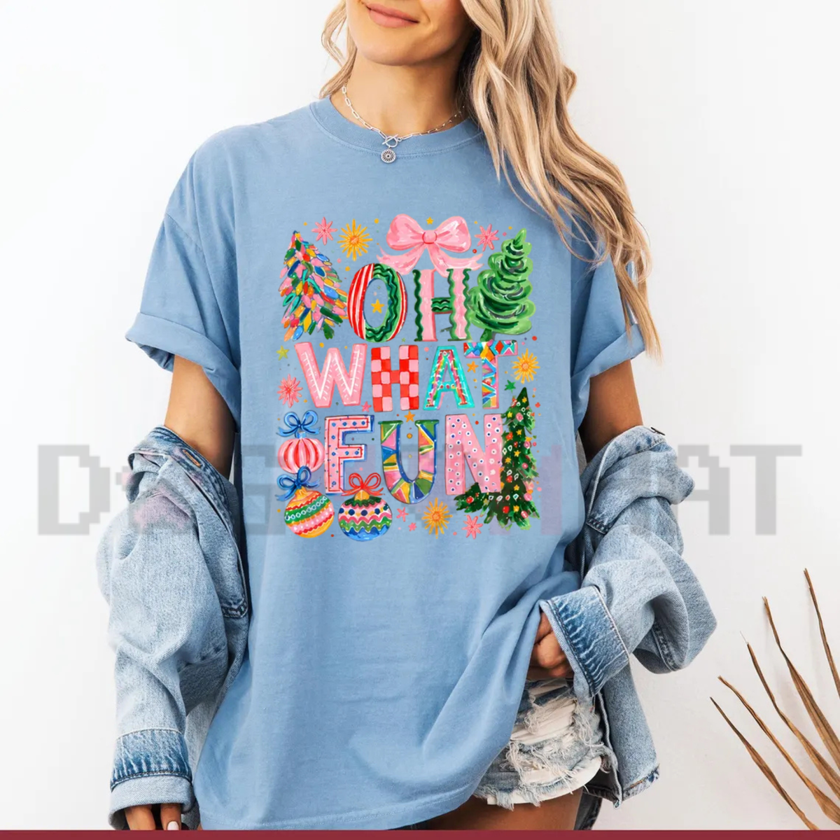 Oh What Fun Retro Pink Coquette Bow Christmas Graphic T-Shirt