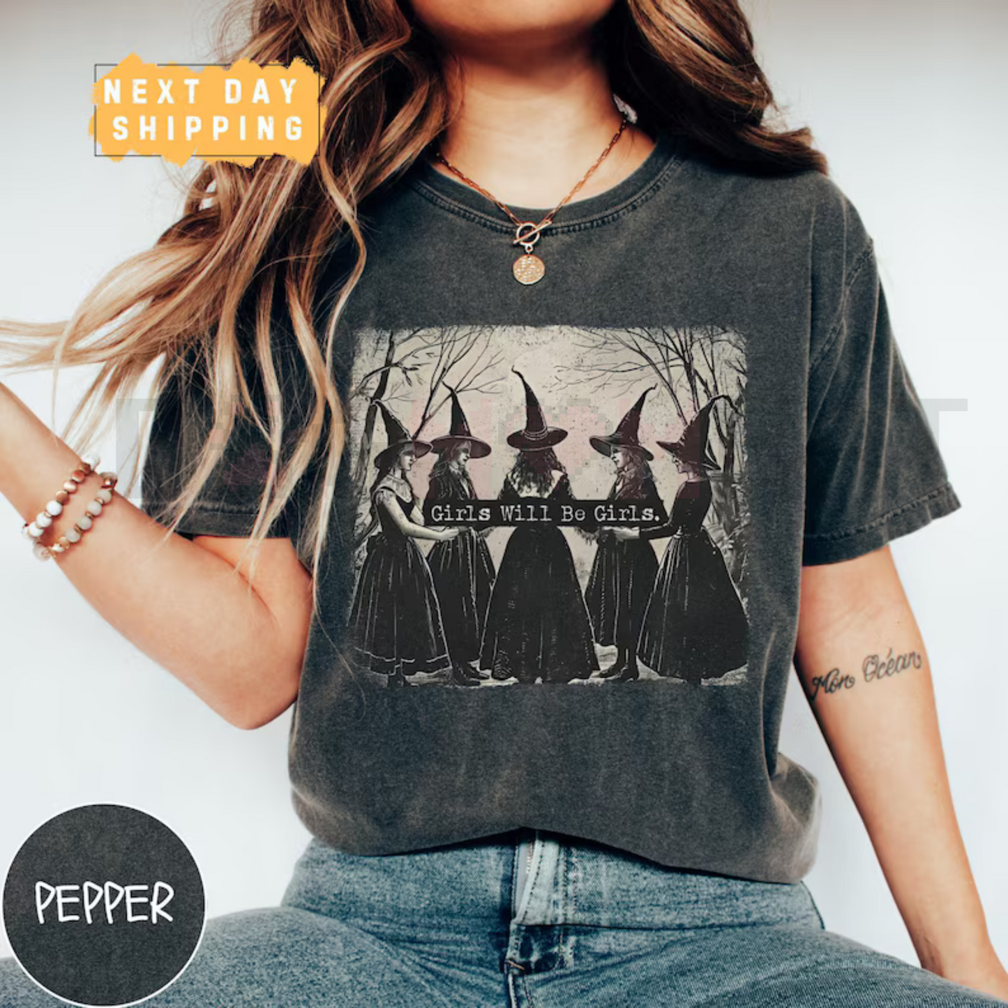Vintage "Girls Will Be Girls" Witch Comfort Colors Shirt – Funny Halloween Women's Tee, Witchy Vibes Top