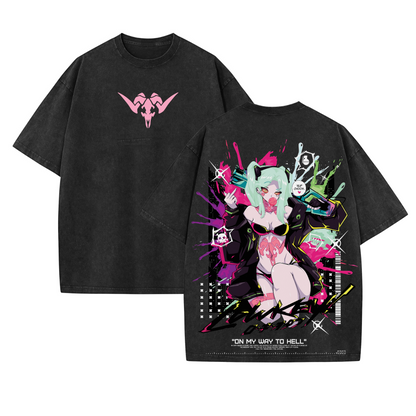 Rebecca Cyberpunk Edgerunners Double Printed Acid Washed T-Shirt