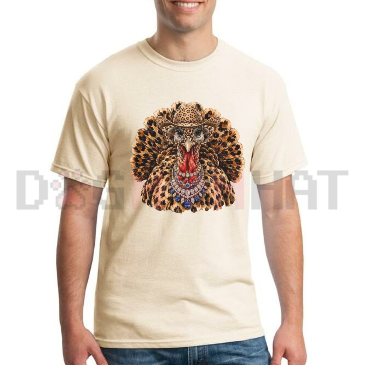 Festive Friction Tee – Rhinestone Leopard Turkey Sparkly Bling Thanksgiving Graphic T-Shirt
