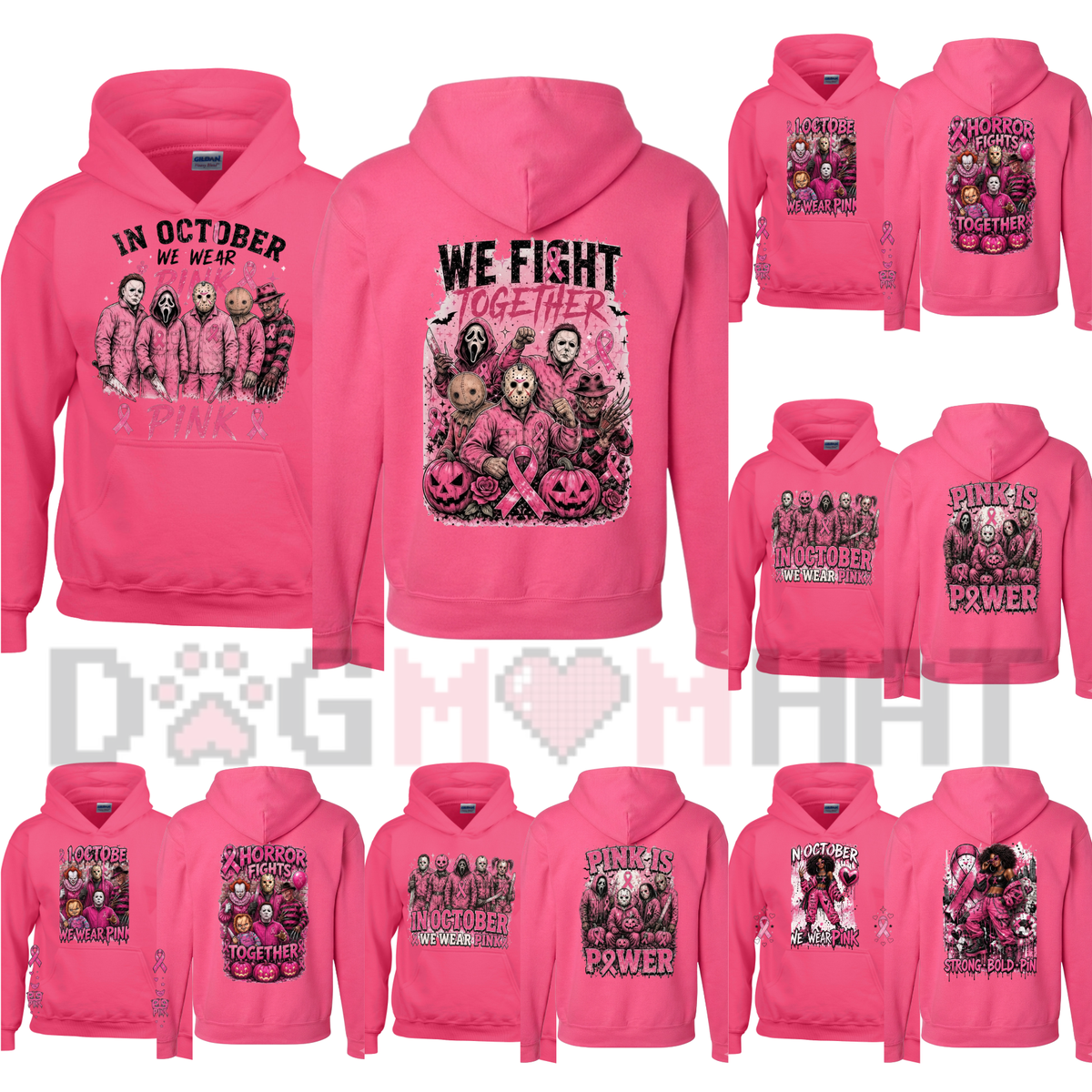 Pink Horror October Pullover Hoodie – Halloween Scary Movie Character & Pumpkin Graphic Sweatshirt