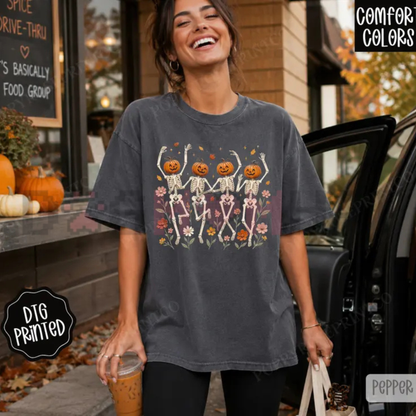 Dancing Skeletons Vintage Fall Graphic Tee - Retro Spooky Season Soft Cotton Unisex T-Shirt Gift For Her