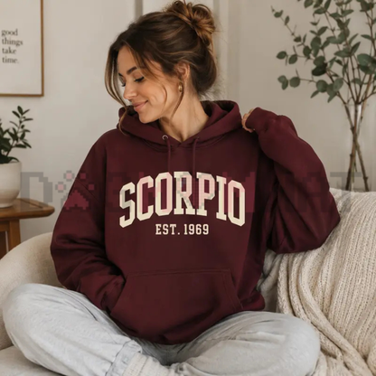 Minimalist Zodiac Sign EST Year Hoodie - Vintage College Astrology Soft Cotton Unisex Birthday Gift Pullover Sweatshirt
